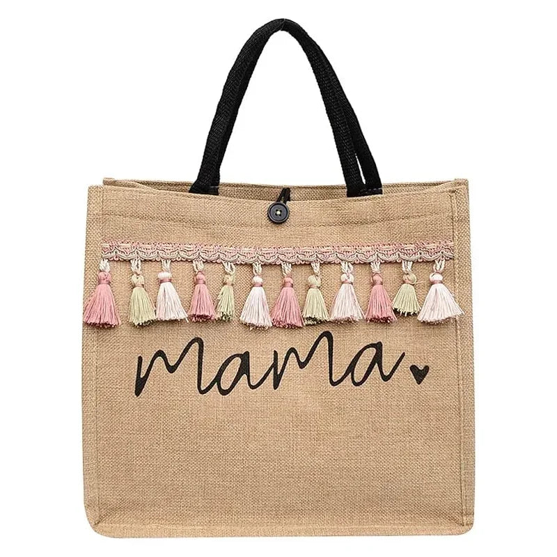 Women Tote Bag Fashion Mama Letter Printing Linen Handbag Large Capacity Baby Diaper Bag Casual Shopping Shoulder Bag Mom Gifts