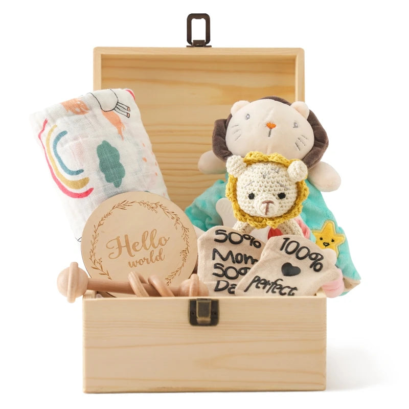 Baby Gift Set Newborn Infant Baby Towel Newborn Bath Toy  Baby Drool Towel  Wood Rattle  Growth Milestone Baby Socks Baby Gift