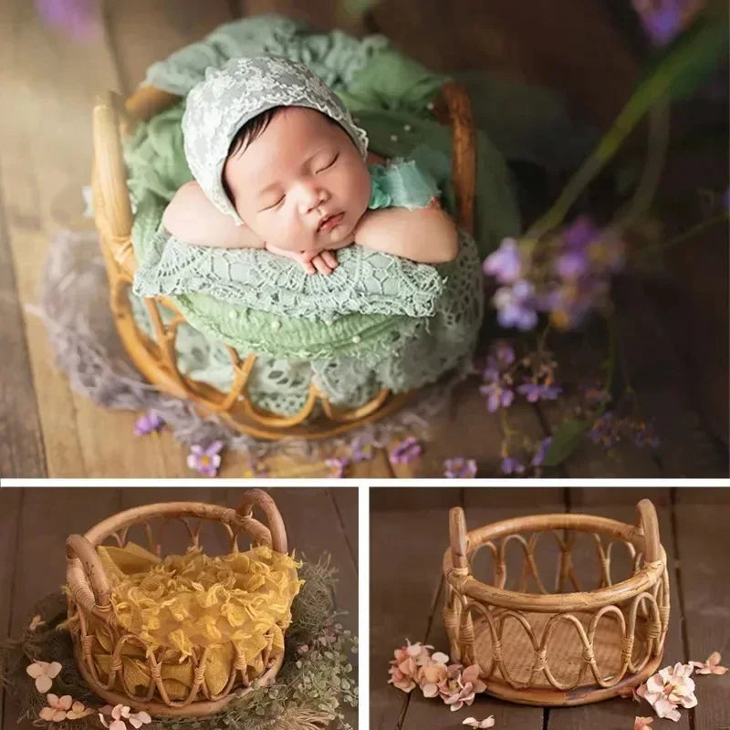 Newborn Photography Props Baby Round Rattan Woven Basket Baby Photo Pose Props Infant Photo Artwork Decor Backdrop Accessories