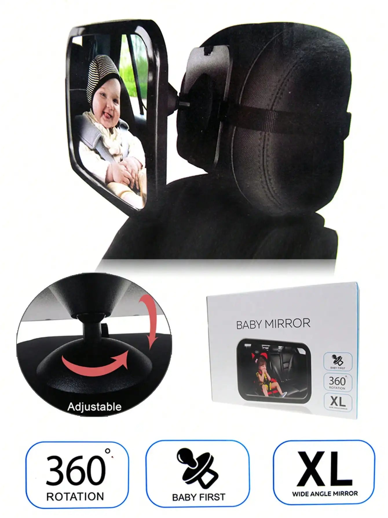 Baby Boys and Girls Black ABS Hack Mirror Car Rear View Mirror Baby Safety Reverse Mirror can rotate 360 degrees