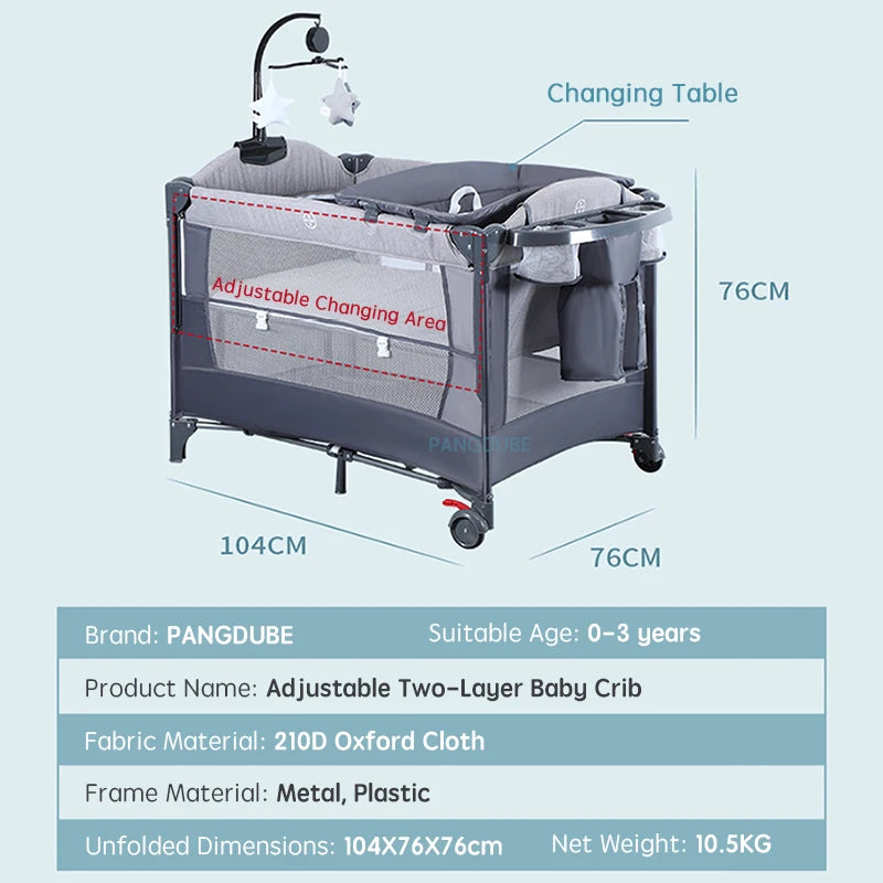 PANGDUBE Multifunctional Baby Crib 0 to 3 Years Old Newborn  Baby Bed 104*76cm Cribs with Changing Table,Playpen,Co-sleeping Bed