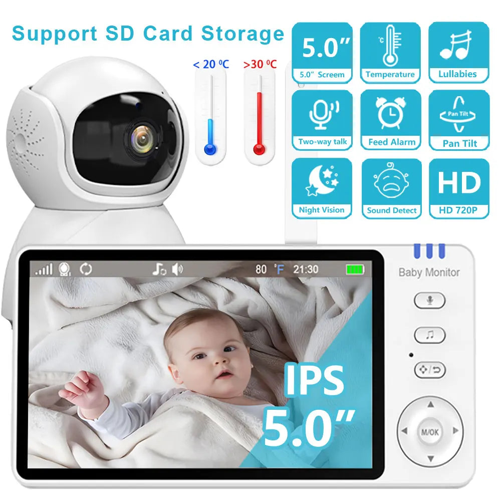 5"IPS Video Baby Monitor With Pan Tilt Child Camera Wireless 2-Way Audio Night Vision Security Babysitter VOX Wake Up USB Charge