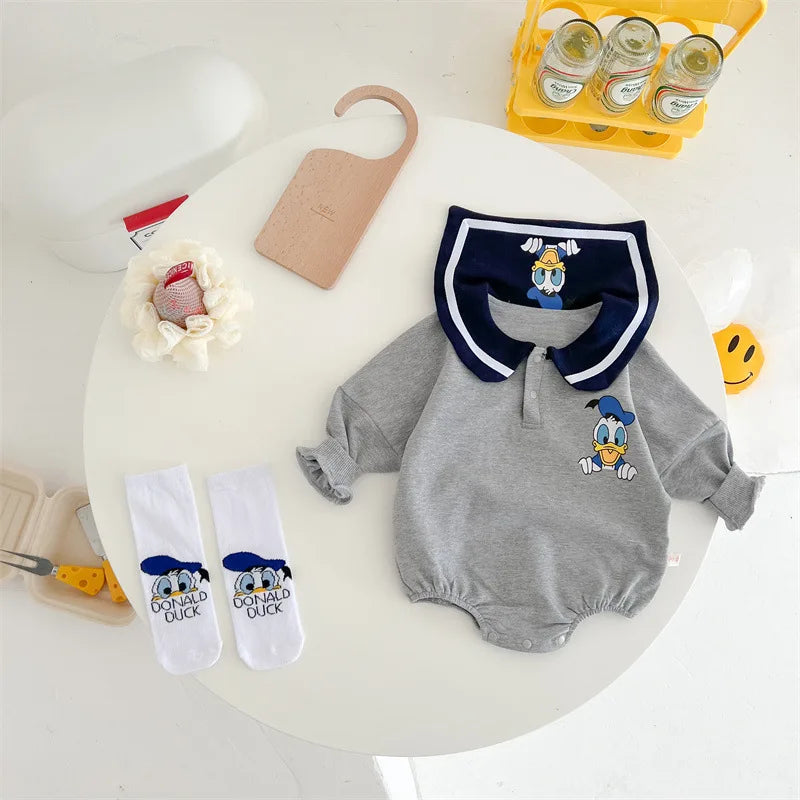 Spring Newborn Baby Rompers Socks Set Cartoon Mickey Mouse Donald Boy Girl Jumpsuit Infant Costumes Cotton Long Sleeve Bodysuits