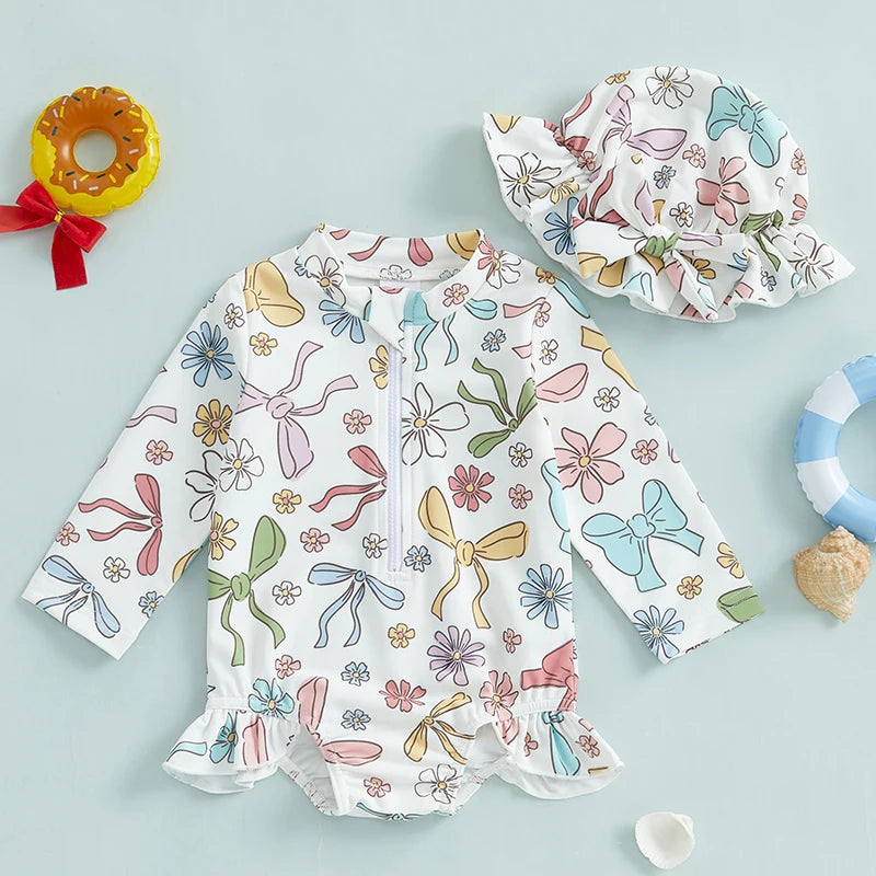 2025 New Toddler Girls Rash Guard Swimsuit Rompers Long Sleeve Floral Print Baby Ruffles Bathing Suit Swimwear with Swim Cap