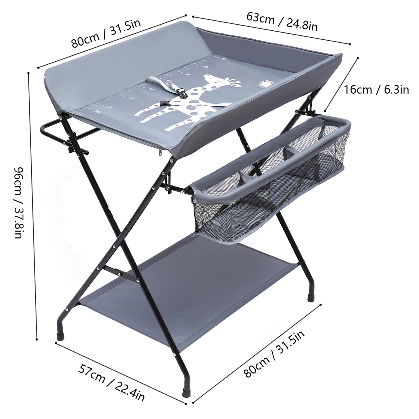 Foldable Baby Diaper Changing Table Stand with Bottom Storage Board 6.3 Inch Elevated Fence and Storage Basket High Safety