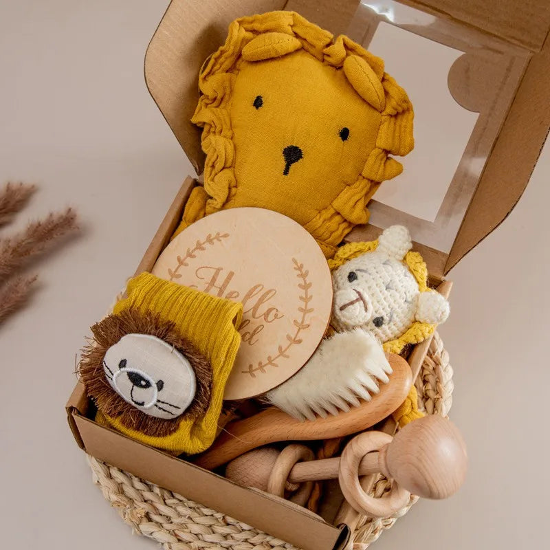 Baby Wooden Crochet Rattle Brushs Bracelet Towel Double Sided Cotton Blanket Newborn Bath Set Gifts Box For Baby Shower Gift