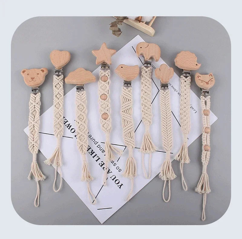 Safety Baby Infant Toddler Dummy Pacifier Soother Nipple Chain Holder Strap Handmade Braided Cotton Rope Wooden Pacifier Clips