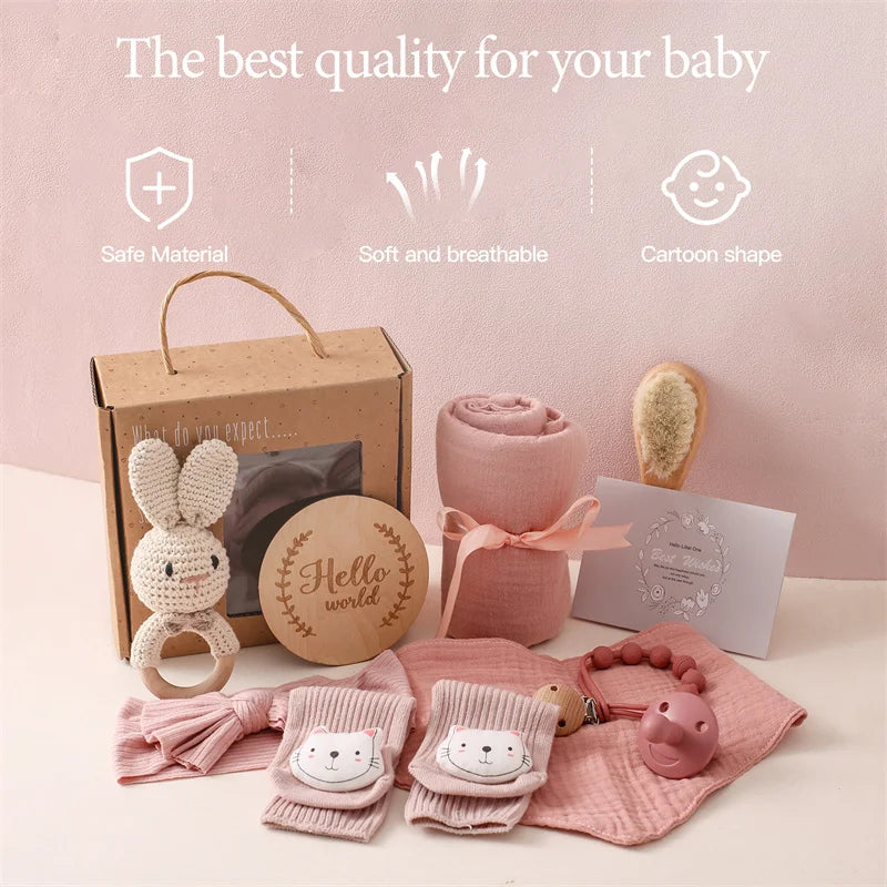 Baby Towel Newborn Accessories Photography Props Keepsakes Memories Milestone Cards Baby Birth Monthly Bath Rattle Toy Set Gifts