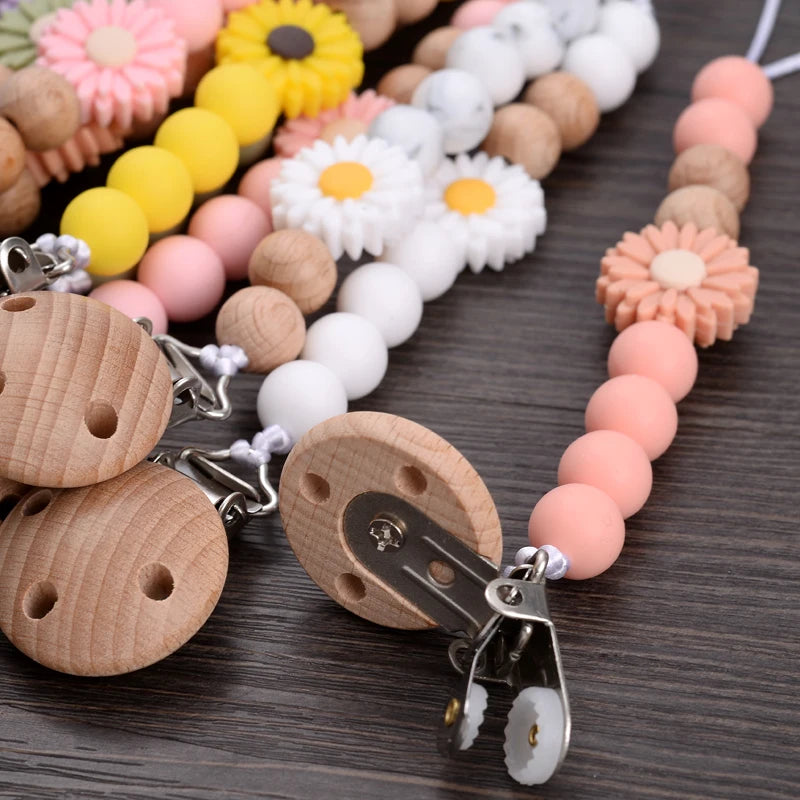 Handmade Wooden Baby Pacifier Clip Silicone Round Beaded Dummy Holder Strap For Appease Soother Chain Nursing Teether Toys Gifts