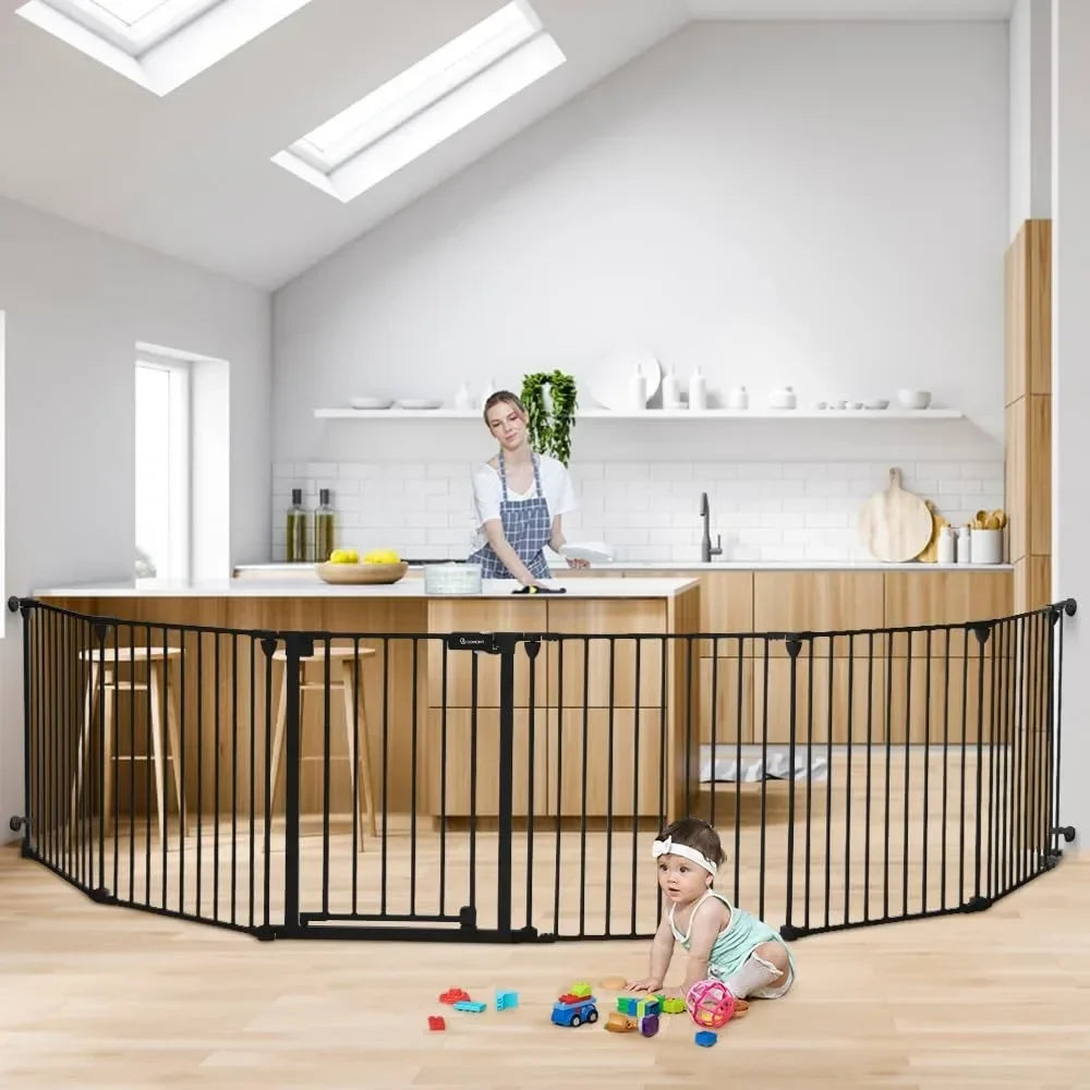 150" Extra Wide Baby Gate with Door, Dog Gates for The House Doorways Fireplace, Auto Close Baby Fence Play Area,6-Panels