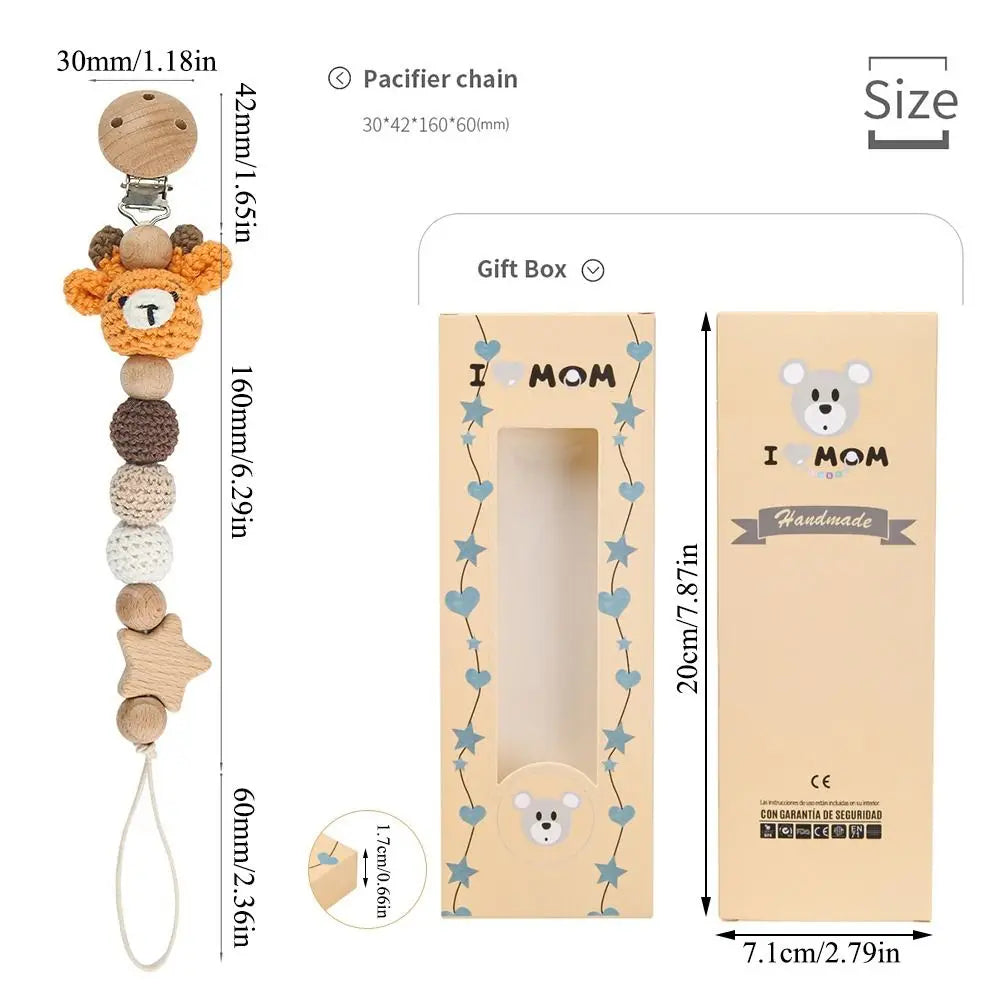 Cartoon Animal Baby Pacifier Clips With Storage Bag Infants Anti-drop Pacifier Holder Soother Chains Beech Wood Dummy Holder