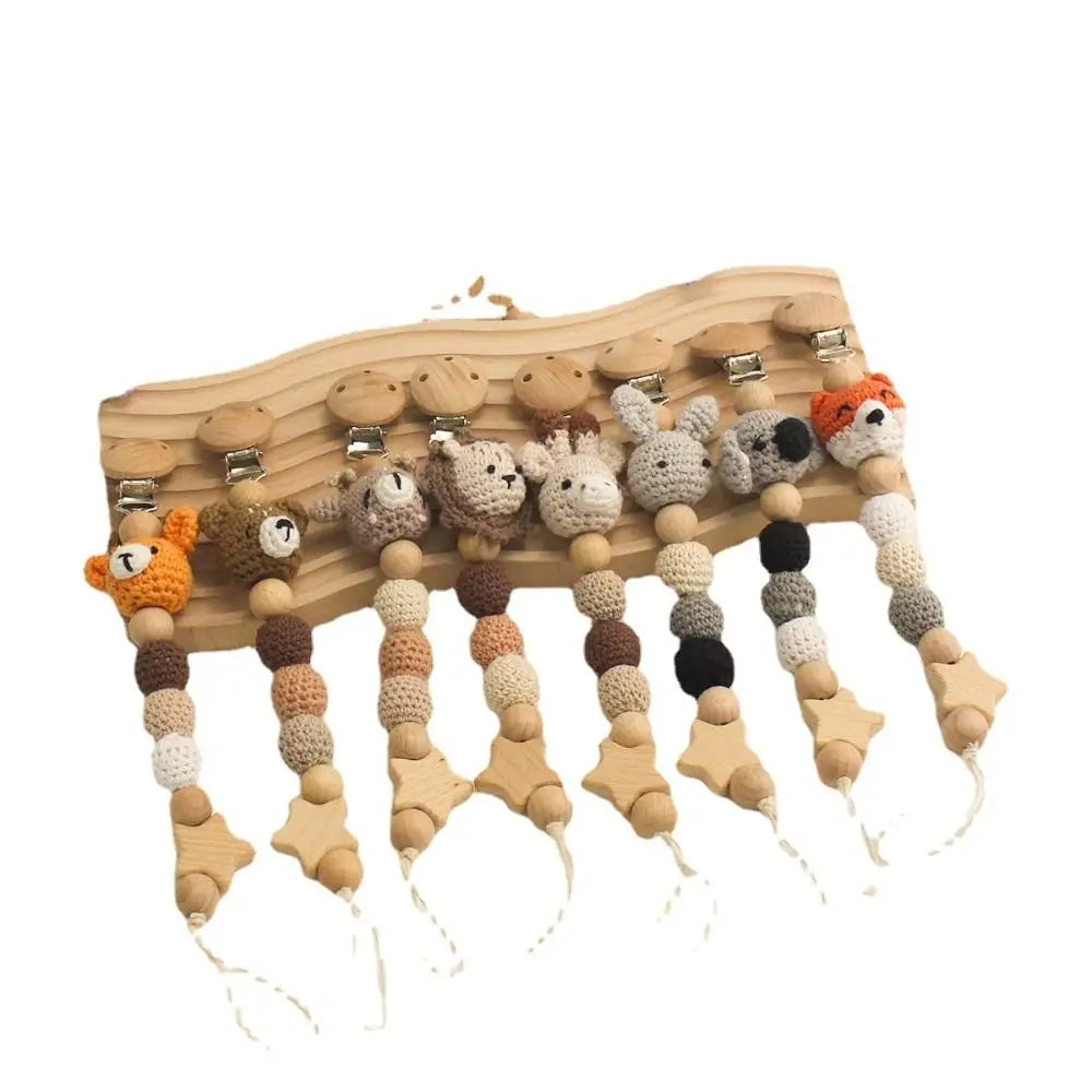 Wood Soother Holder Children Baby Teether Toys Straps Pacifier Holder Clips Baby Pacifier Chain Crochet Animal Pacifier Clips