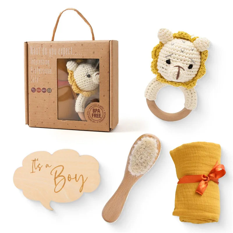 Baby Wooden Crochet Rattle Brushs Bracelet Towel Double Sided Cotton Blanket Newborn Bath Set Gifts Box For Baby Shower Gift