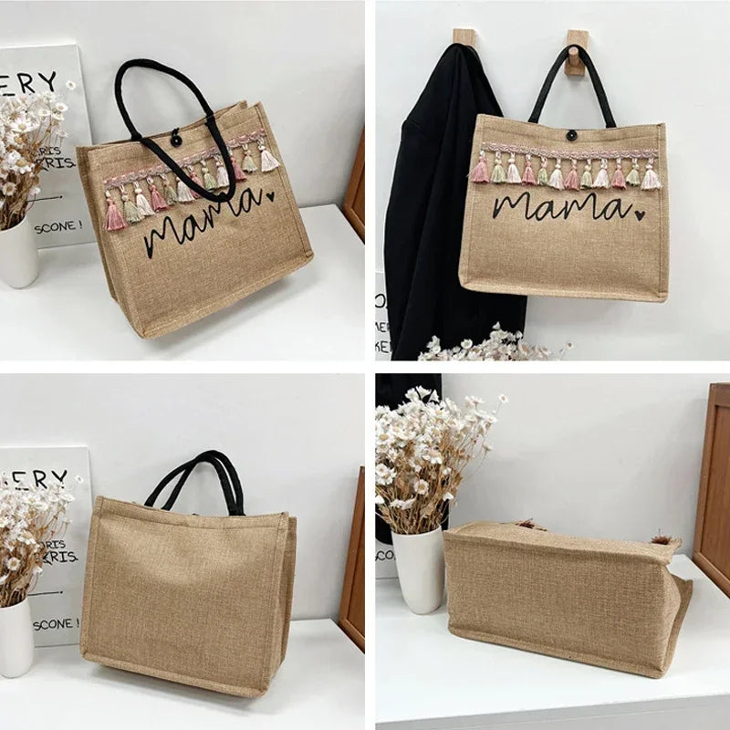 Women Tote Bag Fashion Mama Letter Printing Linen Handbag Large Capacity Baby Diaper Bag Casual Shopping Shoulder Bag Mom Gifts