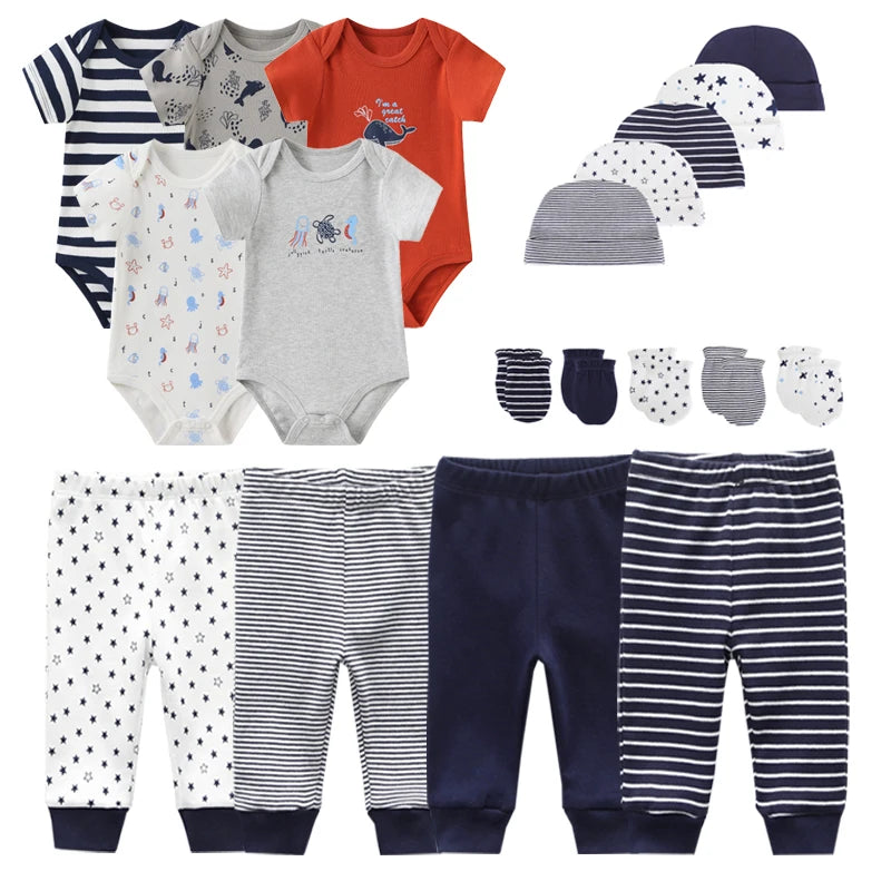 Unisex 2023 Solid Color New Born Baby Girl Clothes Set Bodysuits+Pants+Hats+Bibs/Mittens Cotton Baby Boy Clothes Bebes