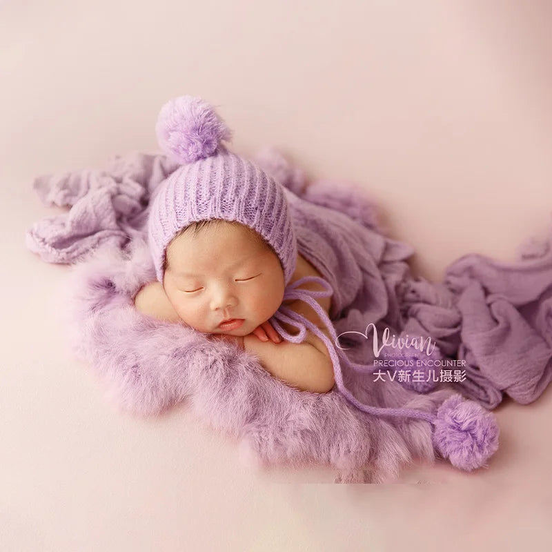 Newborn Photography Props Baby Swaddle Blanket Soft High Stretchable Wraps Cute Knitted Pom Poms Hat Headflower Baby Photo Props