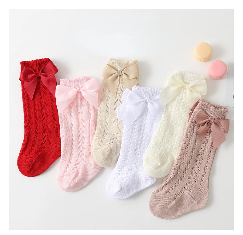 Summer Kids Knee High Socks Baby Girls Boys Bow Long Sock Cotton Mesh Breathable Children Hollow Out Socken For Kids 0-7 Years