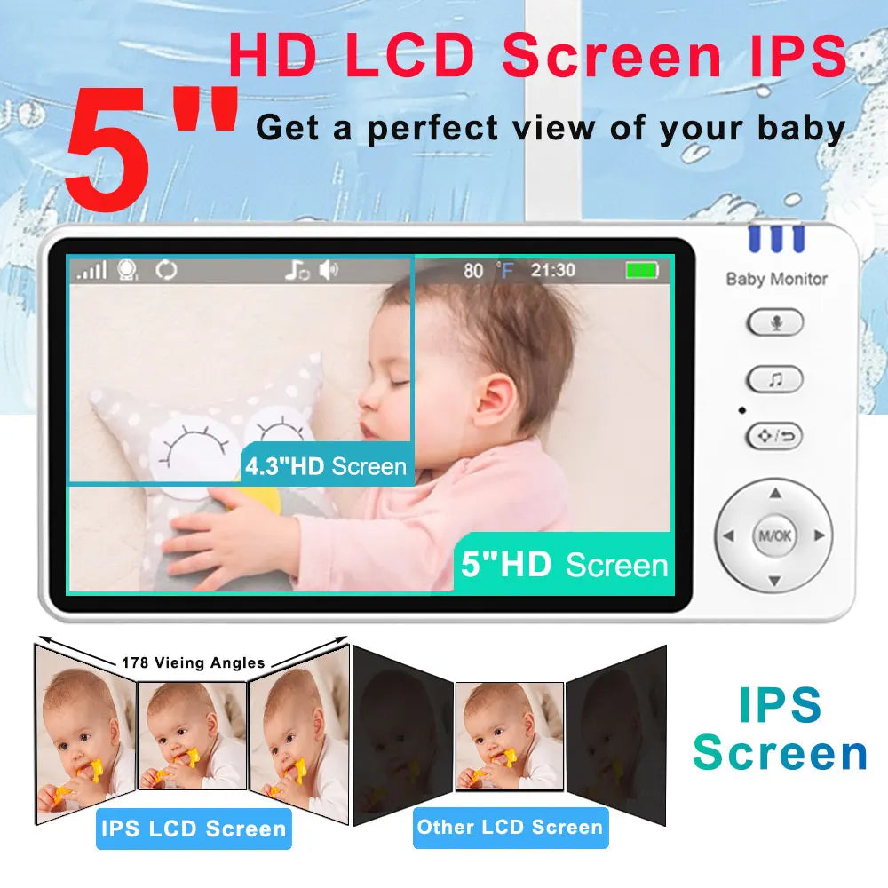 5"IPS Video Baby Monitor With Pan Tilt Child Camera Wireless 2-Way Audio Night Vision Security Babysitter VOX Wake Up USB Charge