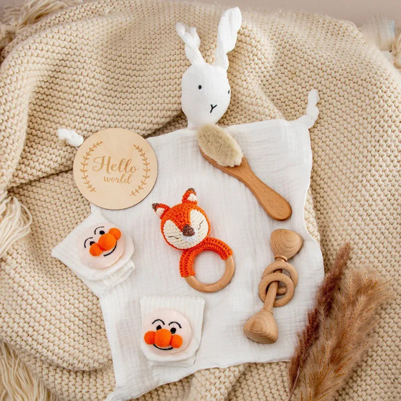 Baby Wooden Crochet Rattle Brushs Bracelet Towel Double Sided Cotton Blanket Newborn Bath Set Gifts Box For Baby Shower Gift