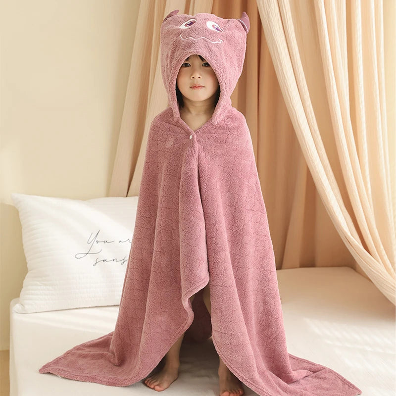 Children's Plush Hooded Bath Towel Cartoon Coral Velvet Baby Absorbent Quick Drying Hooded Cape Bathrobe Cute Hooded Bath Towel