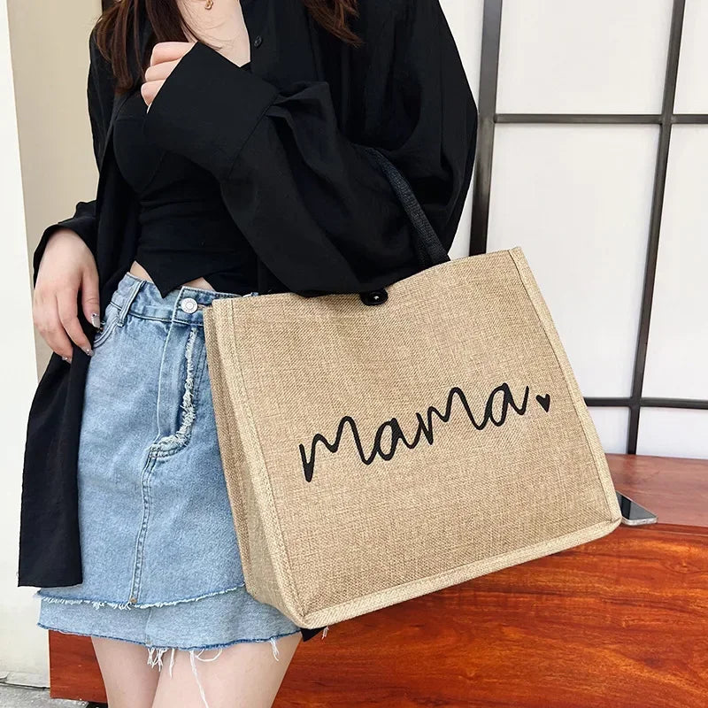 Women Tote Bag Fashion Mama Letter Printing Linen Handbag Large Capacity Baby Diaper Bag Casual Shopping Shoulder Bag Mom Gifts