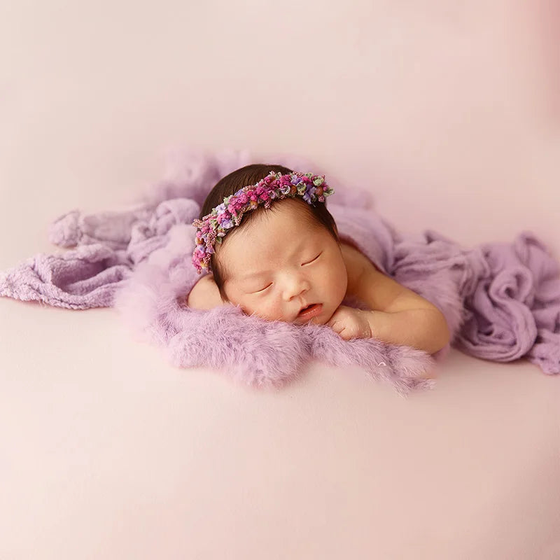 Newborn Photography Props Baby Swaddle Blanket Soft High Stretchable Wraps Cute Knitted Pom Poms Hat Headflower Baby Photo Props