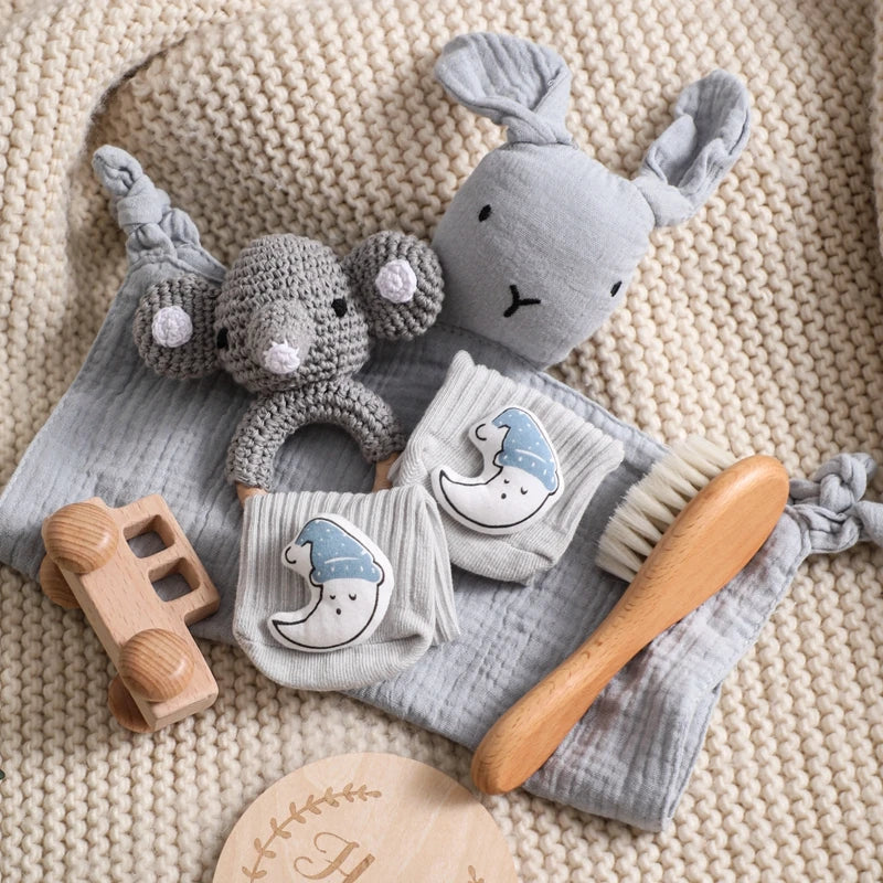 Baby Gift Set Newborn Infant Baby Towel Newborn Bath Toy  Baby Drool Towel  Wood Rattle  Growth Milestone Baby Socks Baby Gift