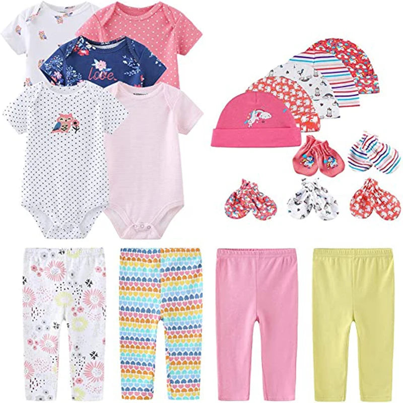 Unisex 2023 Solid Color New Born Baby Girl Clothes Set Bodysuits+Pants+Hats+Bibs/Mittens Cotton Baby Boy Clothes Bebes