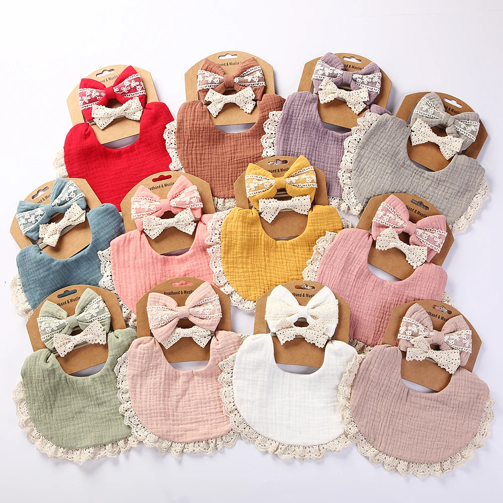 3Pcs/Set Solid Muslin Cotton Bamboo Baby Bib Tassel Lace Boy Girl Feeding Drool Saliva Towel Burp Cloth Adjustable Infant Scarf