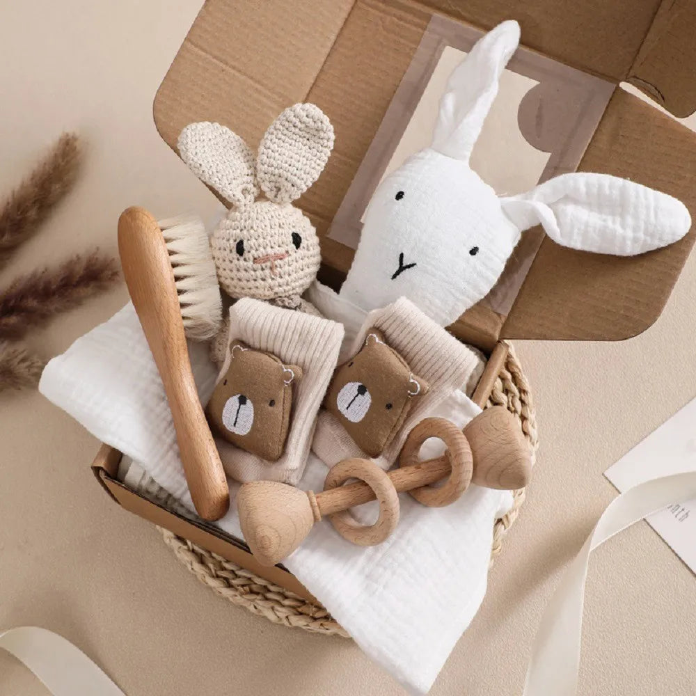 Baby Wooden Crochet Rattle Brushs Bracelet Towel Double Sided Cotton Blanket Newborn Bath Set Gifts Box For Baby Shower Gift