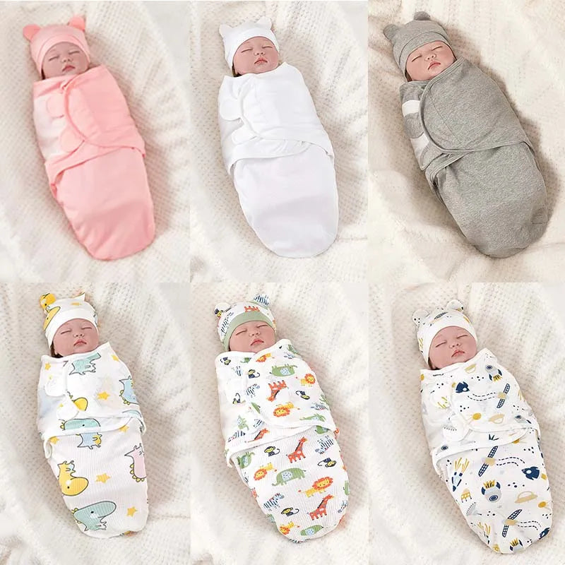 Baby Blanket Hat Set Cartoon Printed Cotton Newborn Swaddle Adjustable Infant Sleeping Swaddle Wraps All Seasons 0-6 Months