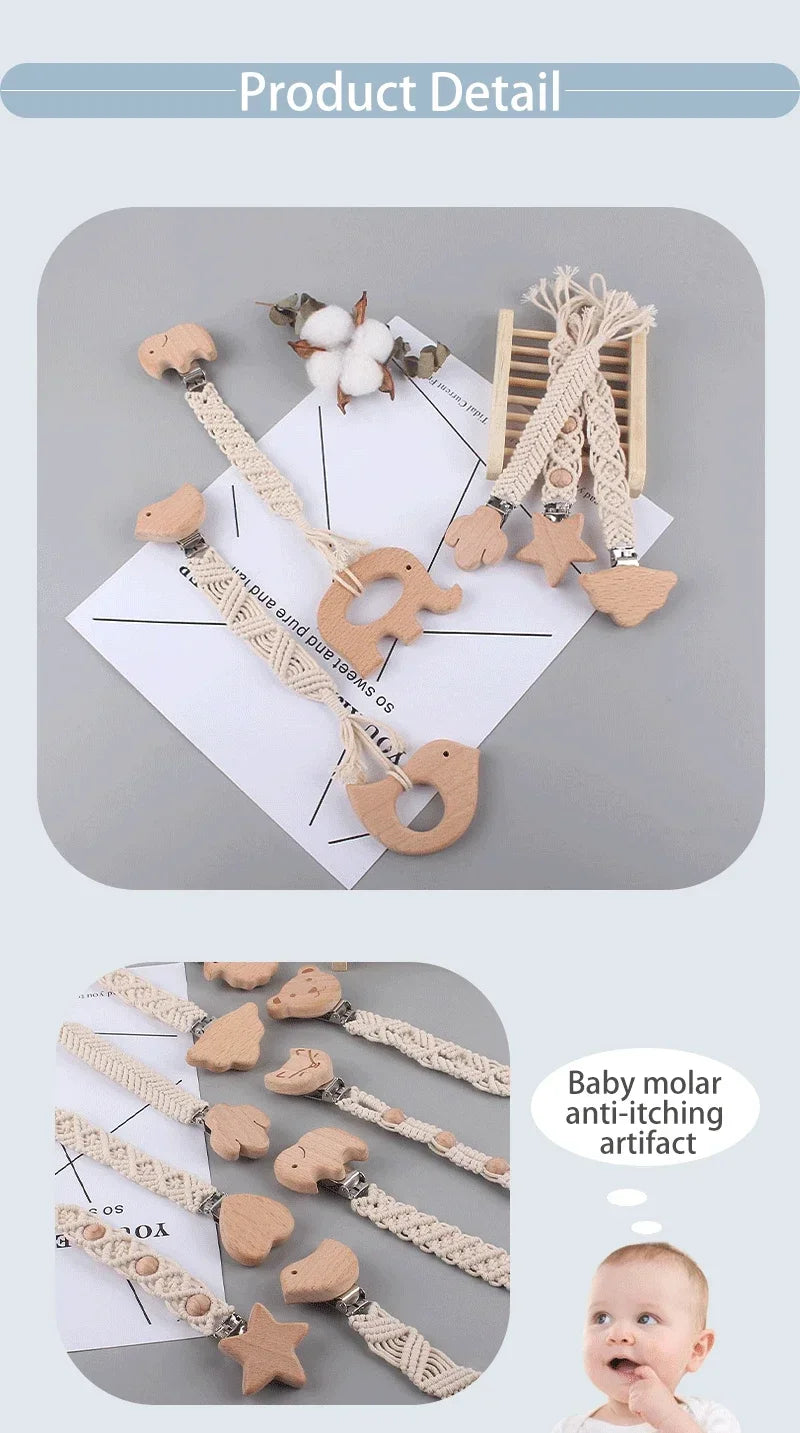 Safety Baby Infant Toddler Dummy Pacifier Soother Nipple Chain Holder Strap Handmade Braided Cotton Rope Wooden Pacifier Clips