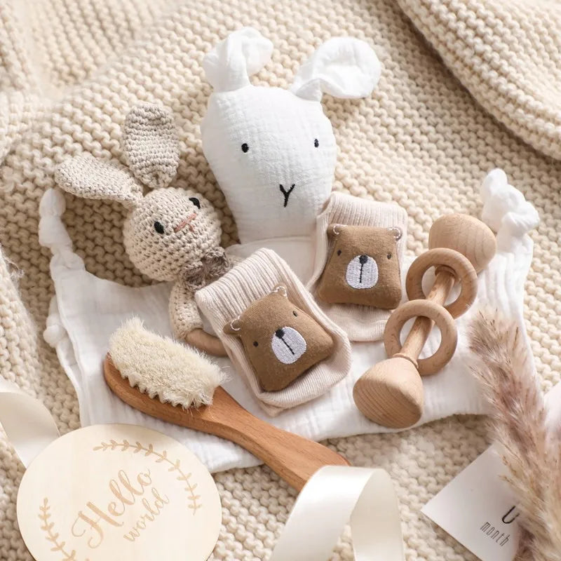 Baby Wooden Crochet Rattle Brushs Bracelet Towel Double Sided Cotton Blanket Newborn Bath Set Gifts Box For Baby Shower Gift