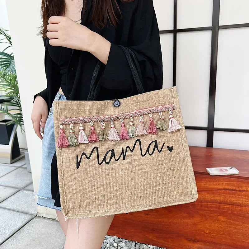 Women Tote Bag Fashion Mama Letter Printing Linen Handbag Large Capacity Baby Diaper Bag Casual Shopping Shoulder Bag Mom Gifts