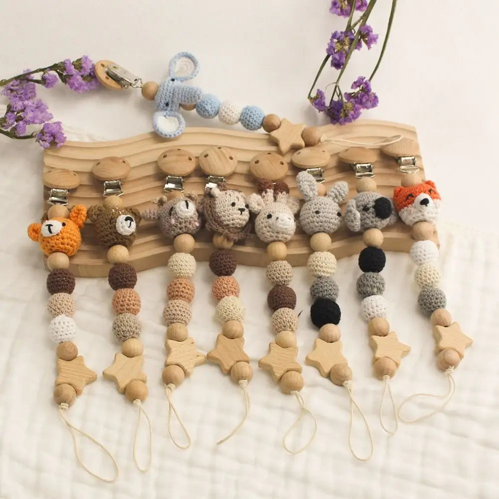 Wood Soother Holder Children Baby Teether Toys Straps Pacifier Holder Clips Baby Pacifier Chain Crochet Animal Pacifier Clips