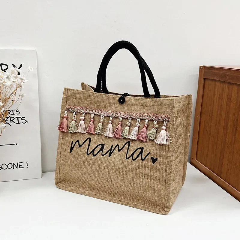 Women Tote Bag Fashion Mama Letter Printing Linen Handbag Large Capacity Baby Diaper Bag Casual Shopping Shoulder Bag Mom Gifts