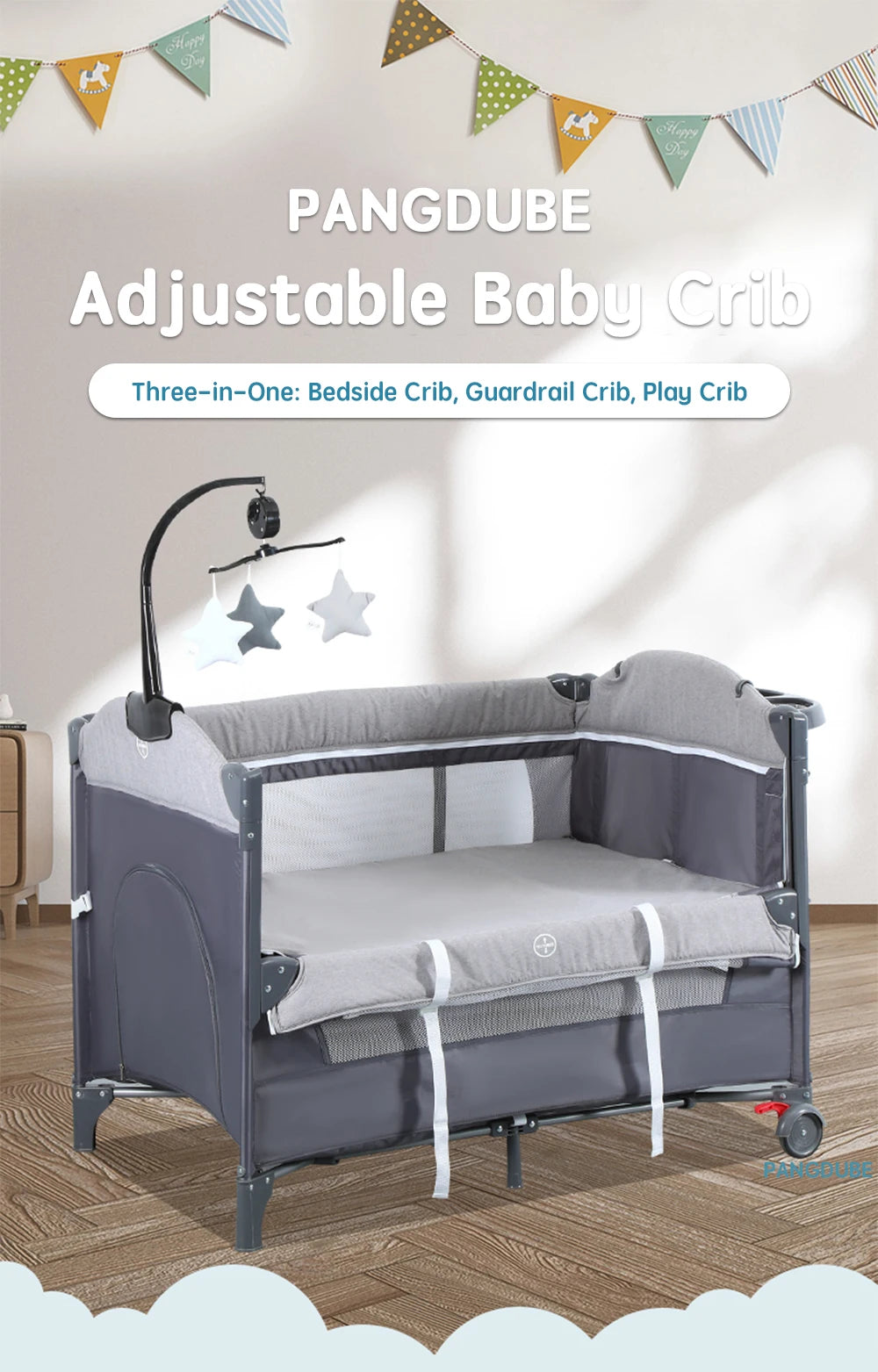 PANGDUBE Multifunctional Baby Crib 0 to 3 Years Old Newborn  Baby Bed 104*76cm Cribs with Changing Table,Playpen,Co-sleeping Bed