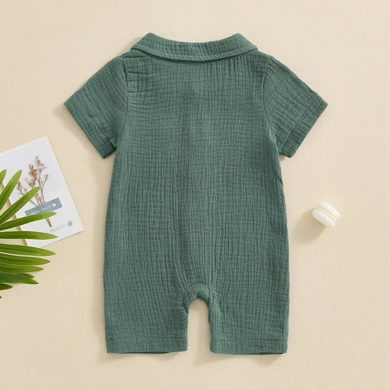 Baby Clothing Boys girl Summer Solid Cotton Linen Pocket Short Sleeve Button Rompers Jumpsuits For Newborn Clothes