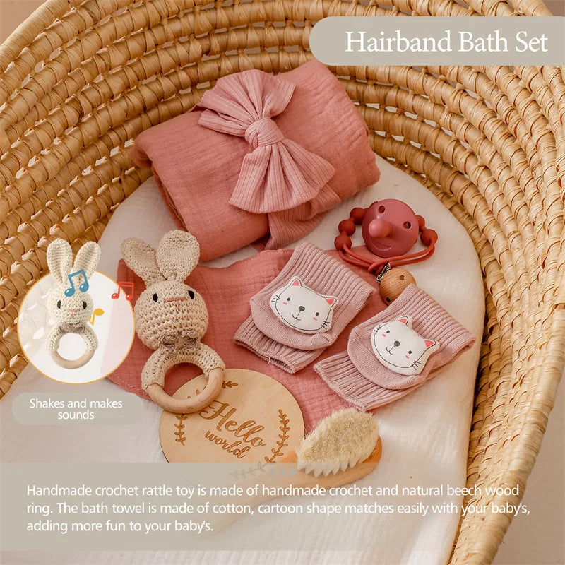 Baby Towel Newborn Accessories Photography Props Keepsakes Memories Milestone Cards Baby Birth Monthly Bath Rattle Toy Set Gifts