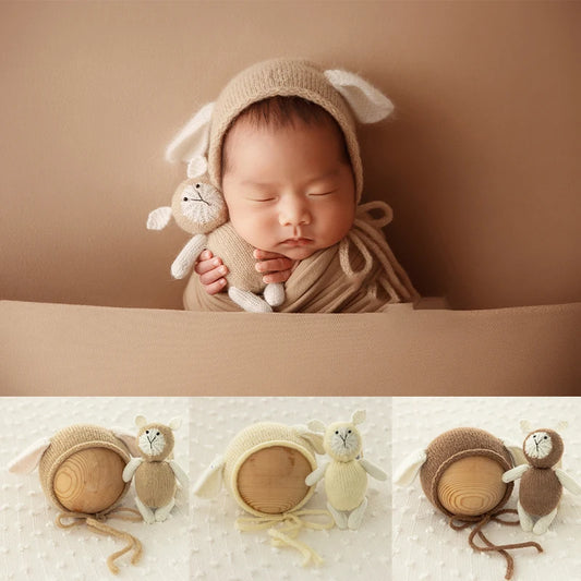 Animal Ears Crochet Photography Accessories Bear Rabbit Doll Hat Two-Piece Set Newborn Cute Style Studio Shooting Decoration