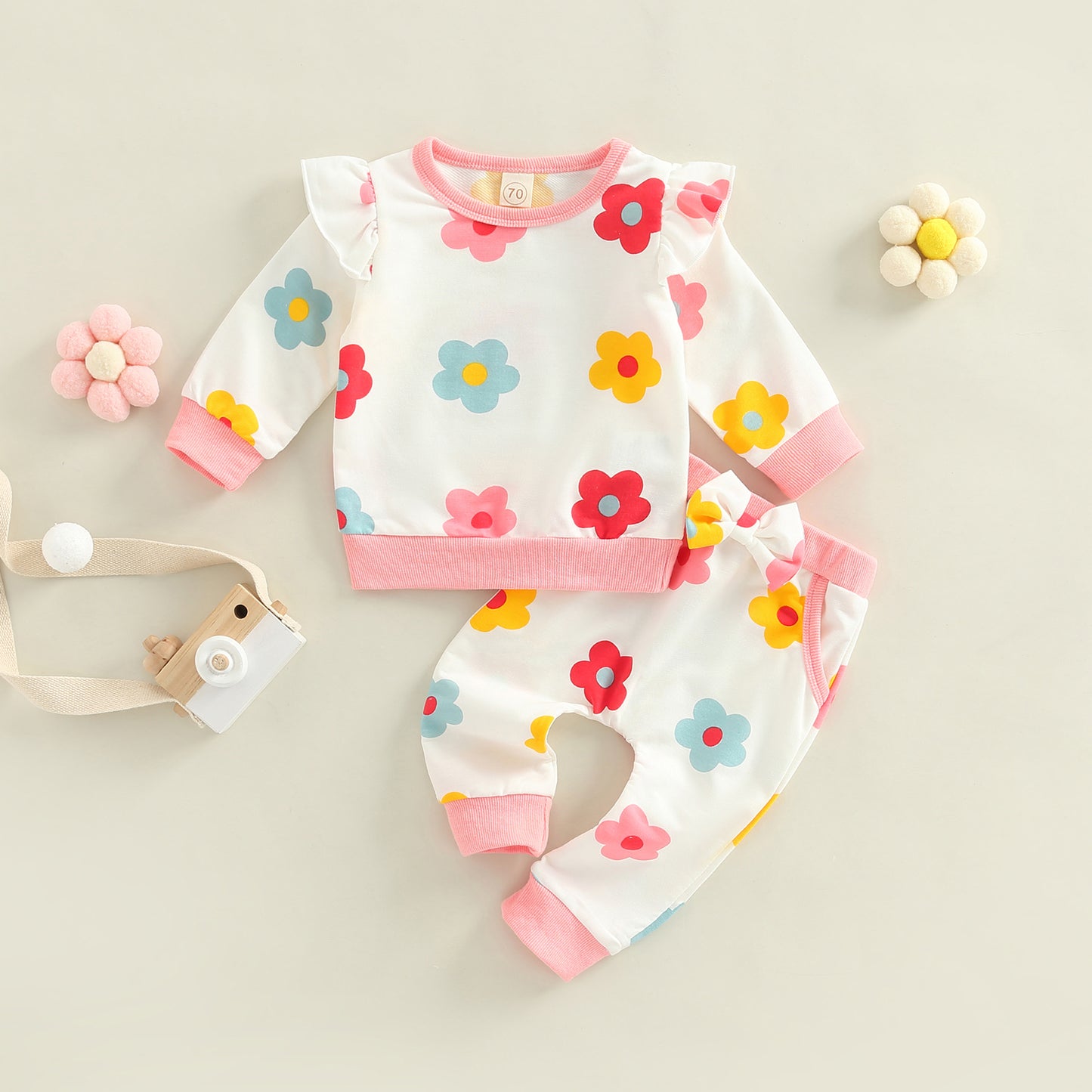 2-Piece Infant Baby Girl Outfits, Flower Print Ruffle Long Sleeve T-Shirt + Casual Pants Set for Toddlers, 0-24 Months