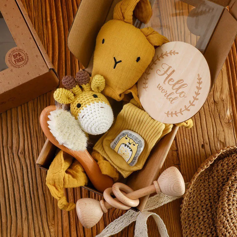 Baby Wooden Crochet Rattle Brushs Bracelet Towel Double Sided Cotton Blanket Newborn Bath Set Gifts Box For Baby Shower Gift