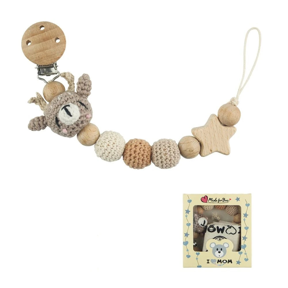 Wood Soother Holder Children Baby Teether Toys Straps Pacifier Holder Clips Baby Pacifier Chain Crochet Animal Pacifier Clips