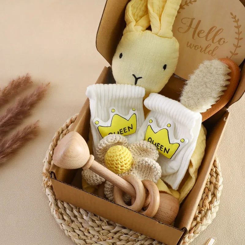 Baby Wooden Crochet Rattle Brushs Bracelet Towel Double Sided Cotton Blanket Newborn Bath Set Gifts Box For Baby Shower Gift