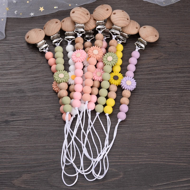 Handmade Wooden Baby Pacifier Clip Silicone Round Beaded Dummy Holder Strap For Appease Soother Chain Nursing Teether Toys Gifts