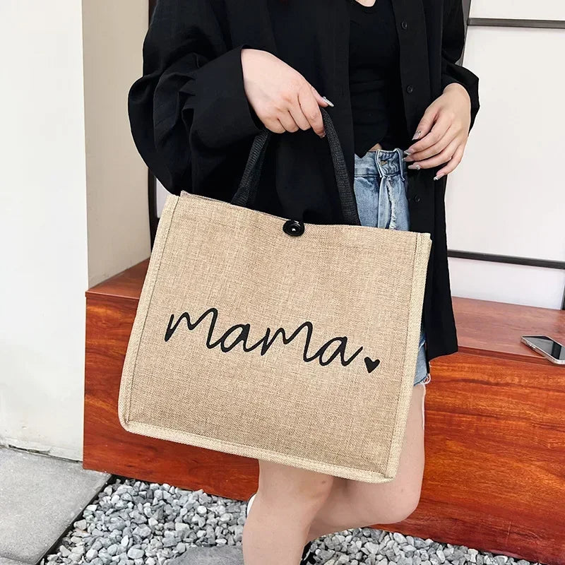 Women Tote Bag Fashion Mama Letter Printing Linen Handbag Large Capacity Baby Diaper Bag Casual Shopping Shoulder Bag Mom Gifts