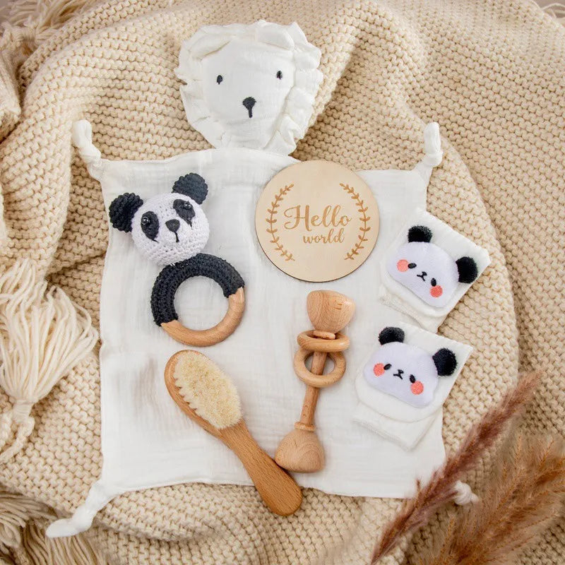 Baby Wooden Crochet Rattle Brushs Bracelet Towel Double Sided Cotton Blanket Newborn Bath Set Gifts Box For Baby Shower Gift