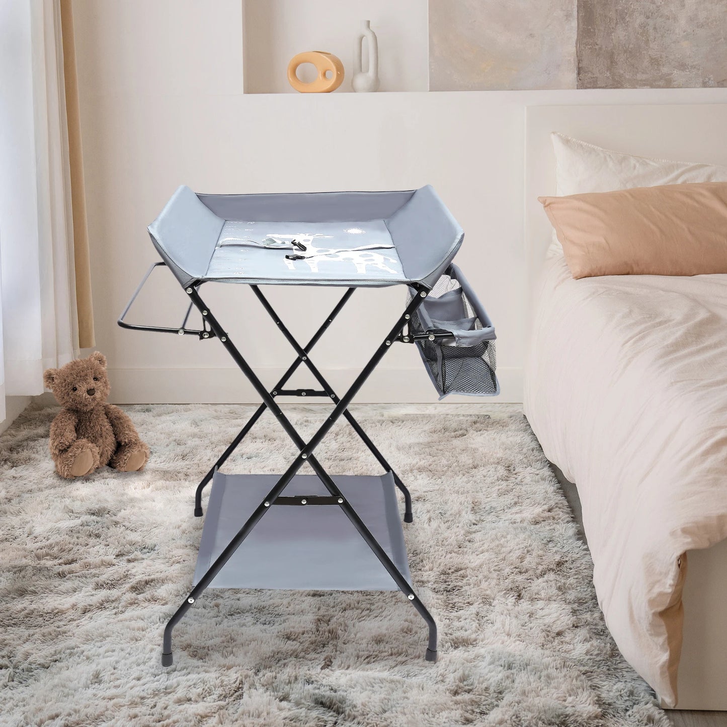 Foldable Baby Diaper Changing Table Stand with Bottom Storage Board 6.3 Inch Elevated Fence and Storage Basket High Safety