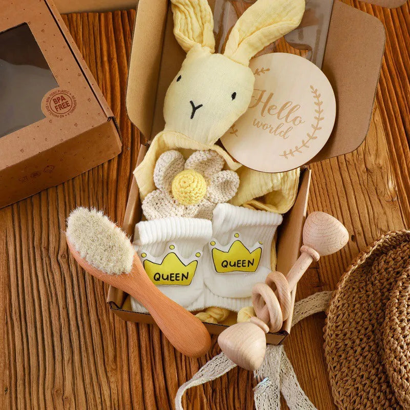 Baby Wooden Crochet Rattle Brushs Bracelet Towel Double Sided Cotton Blanket Newborn Bath Set Gifts Box For Baby Shower Gift