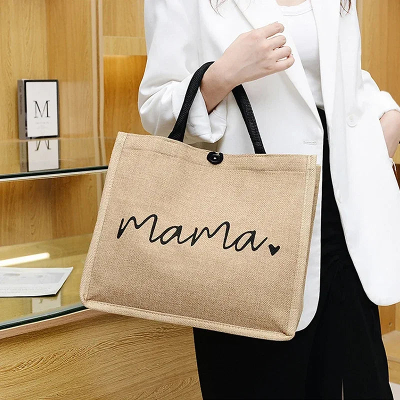 Women Tote Bag Fashion Mama Letter Printing Linen Handbag Large Capacity Baby Diaper Bag Casual Shopping Shoulder Bag Mom Gifts